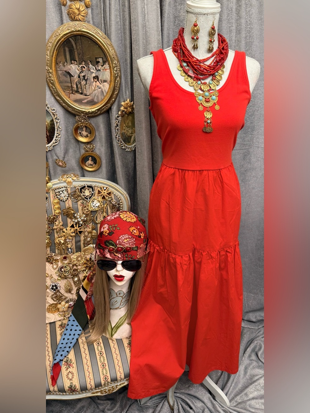 Effortlessly elegant Red Long Dress with jewelry ,scarf and sunglasses